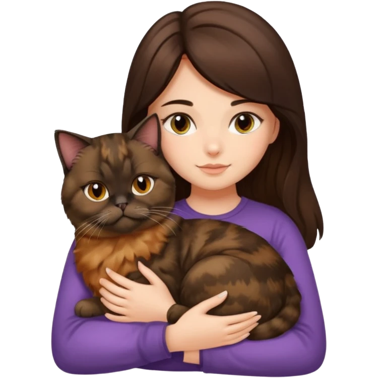 brunette girl snuggling a tortoiseshell Persian cat emoji