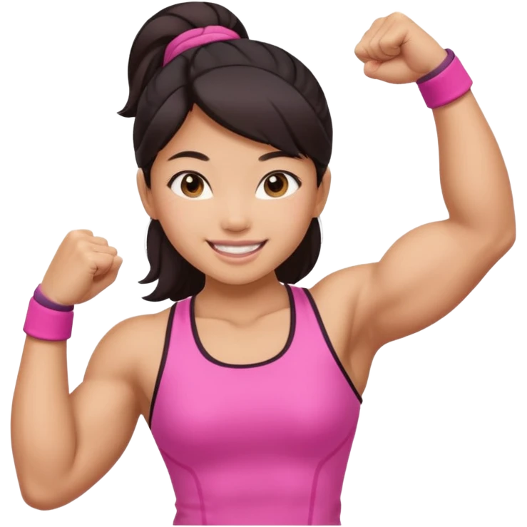 Athletic Asian girl show biceps wearing pink emoji