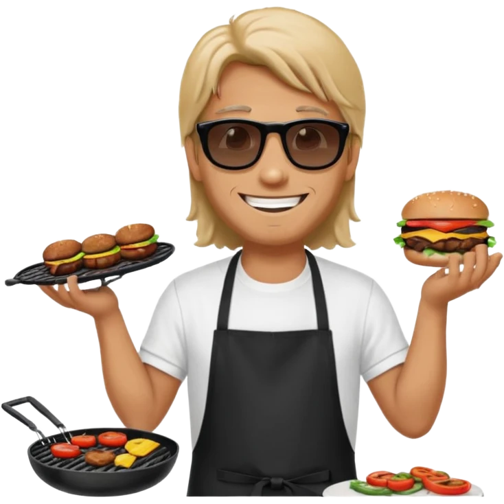 long hair man grilling wearing shade smiling in a white tshirt and a black apron grilling burger and meat on a sizzling grill emoji
