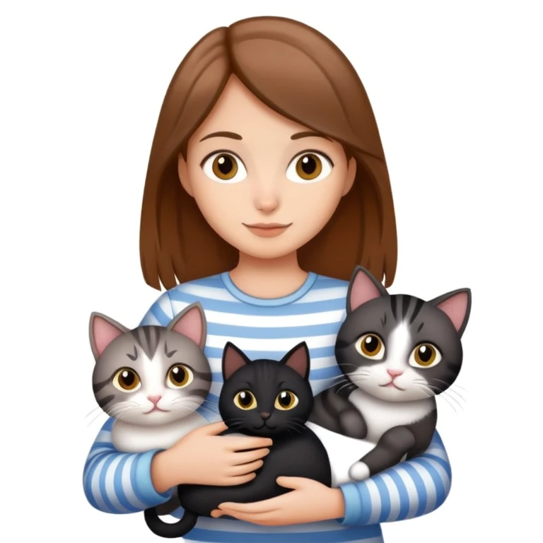 Tan brown-haired girl holding three cats, one black cat, one grey cat, and one grey-striped cat emoji