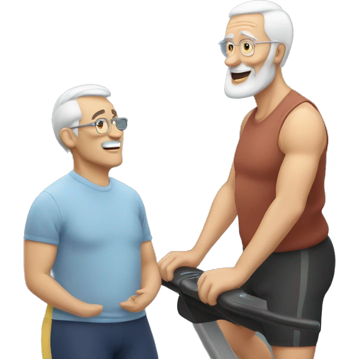 Two old guys talking in front of exercise equipment  emoji