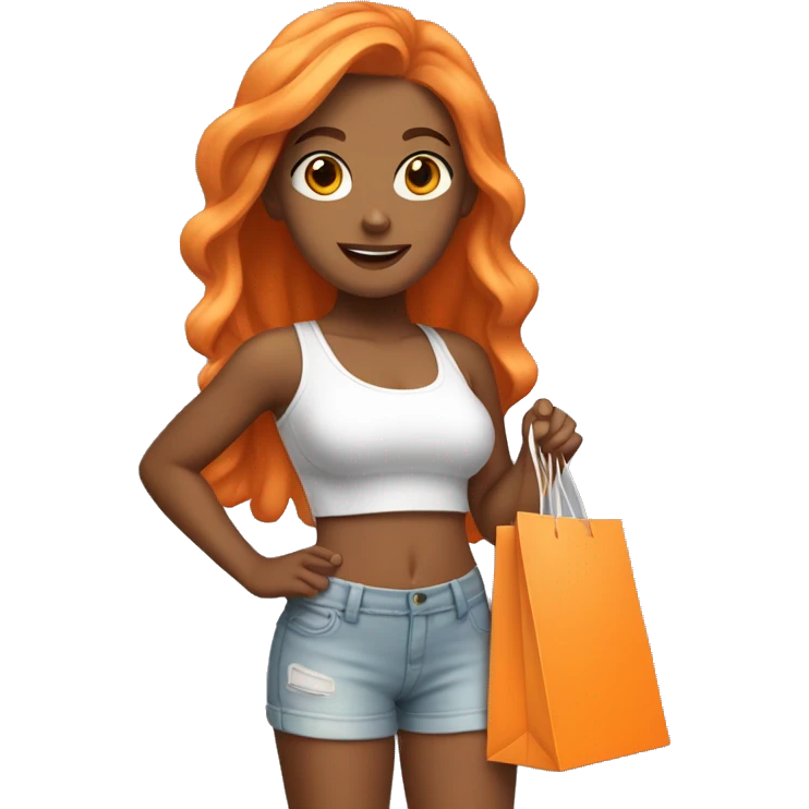 Tan girl with long orange hair wearing cute gym outfit holding shopping bags emoji