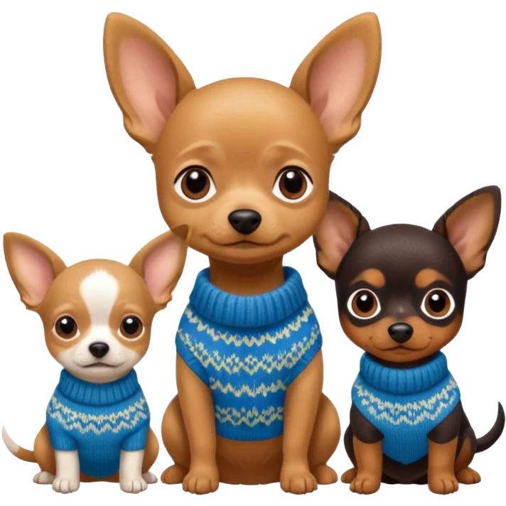 Cagnolini piccoli seduti un chiuaua un Bassotto e un Yorkshire con vestitini in maglia emoji