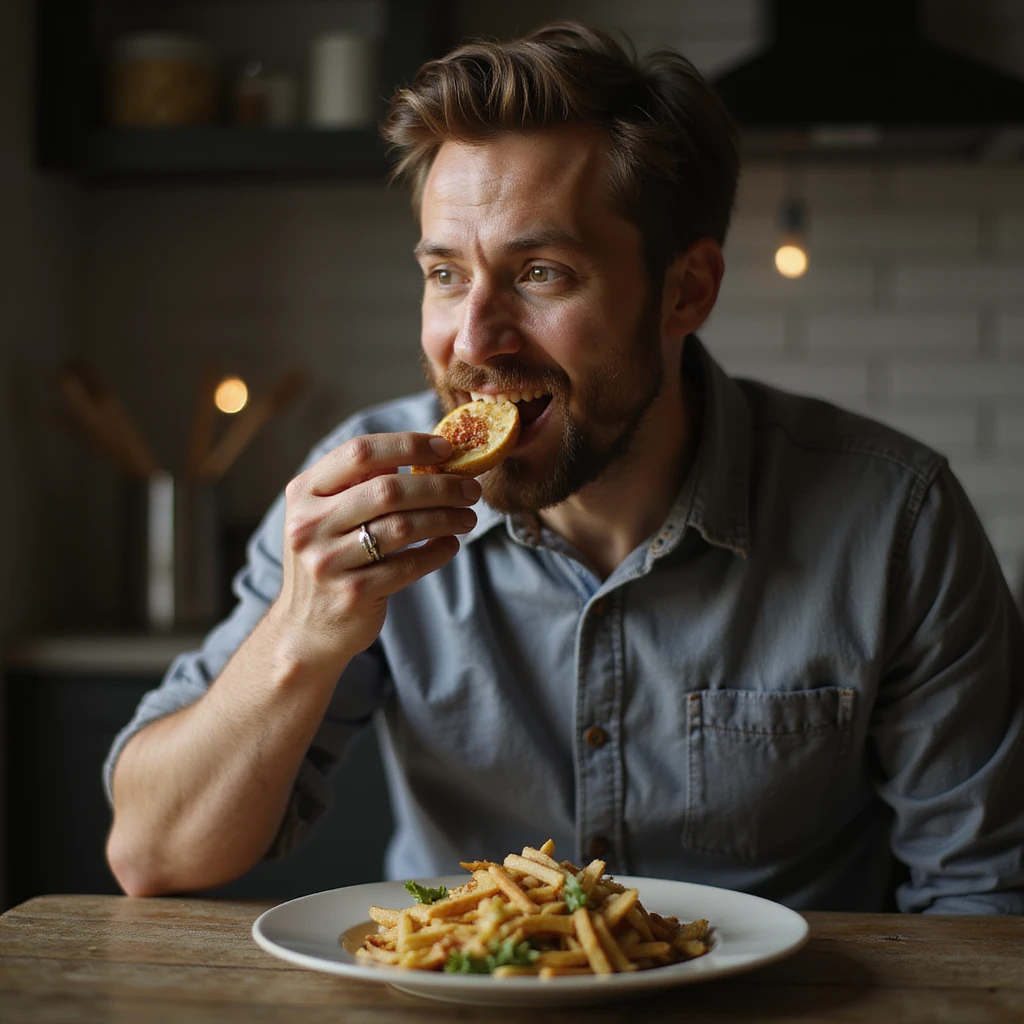 hyperrealistic 4K image of a man savoring a bite of food, nutritional data glowing around the meal including fiber, vitamins, protein, Zen minimalism, gut microbiome cheering in the background as fermented foods arrive, reference image for likeness emoji