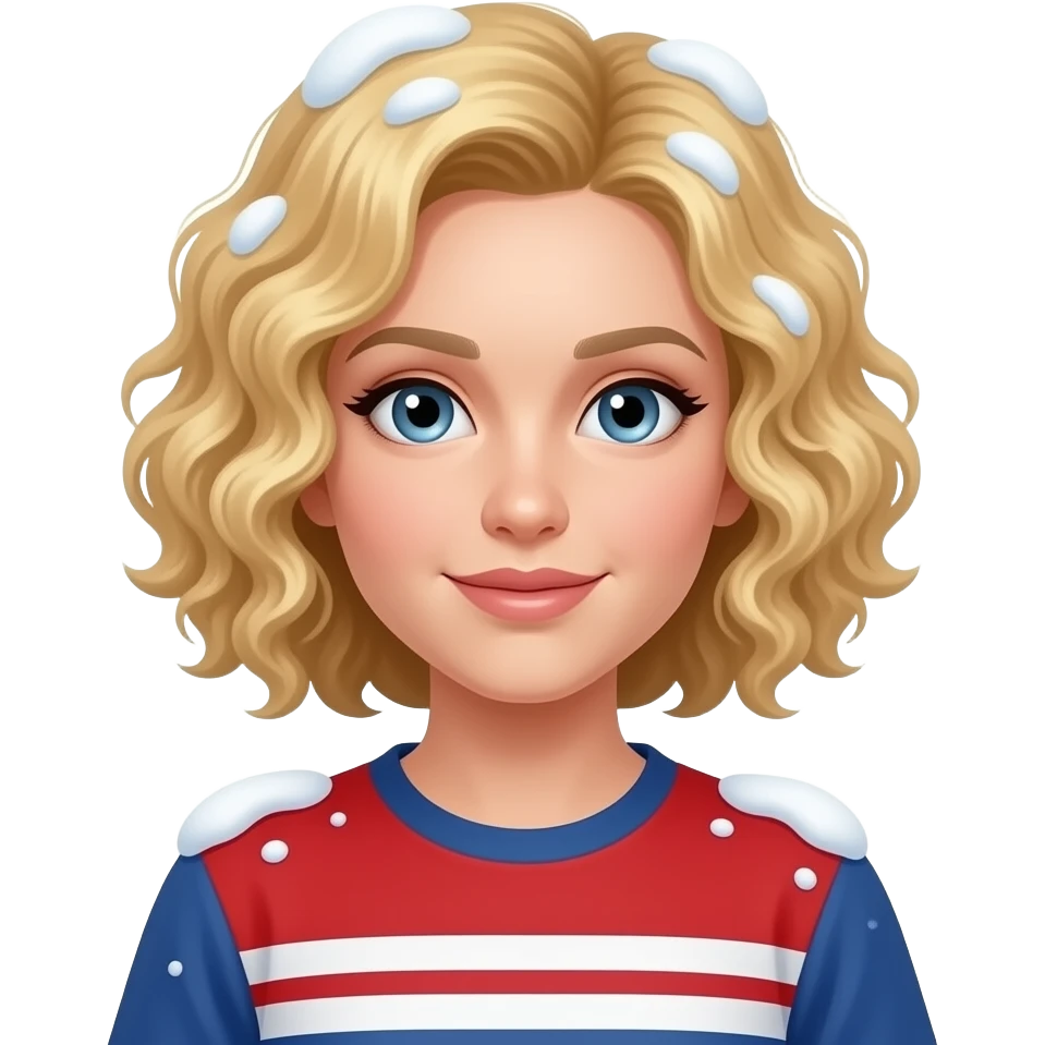 blonde curly bob cold face and snow around in red, white and blue shirt emoji