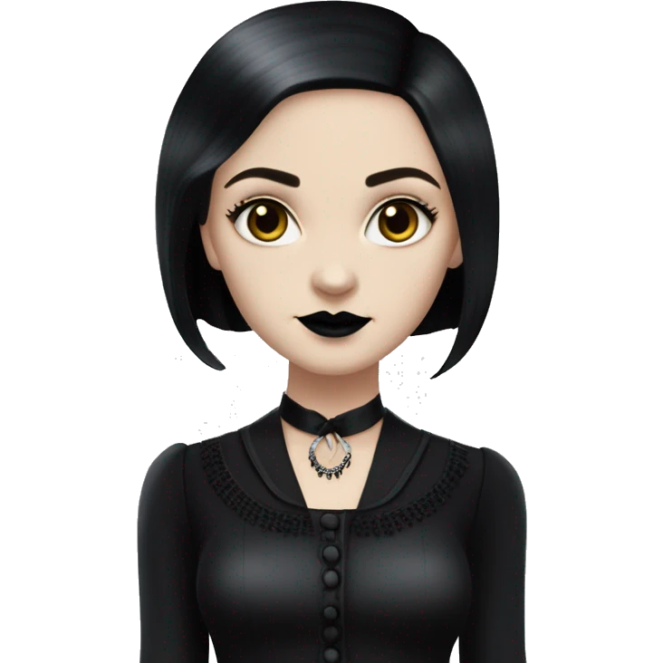   Hostess Wednesday Addams. very light skin face. Black lipstick and eyeshadow. Earrings matching necklaces. Long silky raven hair.  Silk pajamas separates, black high heel.  emoji