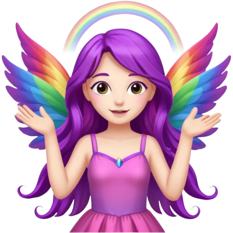 Female fairy
Long purple hair
Pink dress
Rainbow wings
Waving 
Saying hello
 emoji