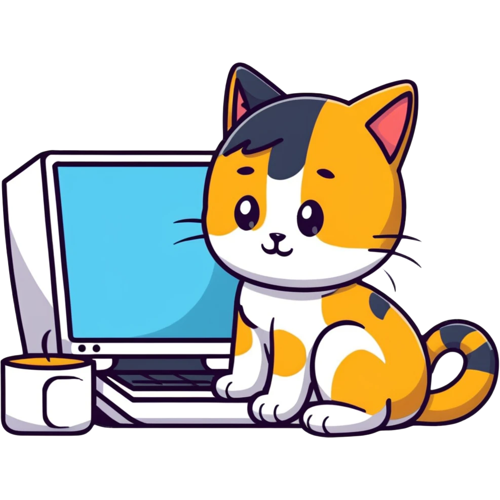 a girl working at a computer with a cat curled up next to the computer emoji