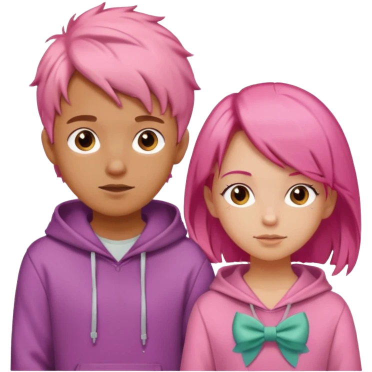 Boy with bow hair and orange hoodie in love with pink haired girl emoji