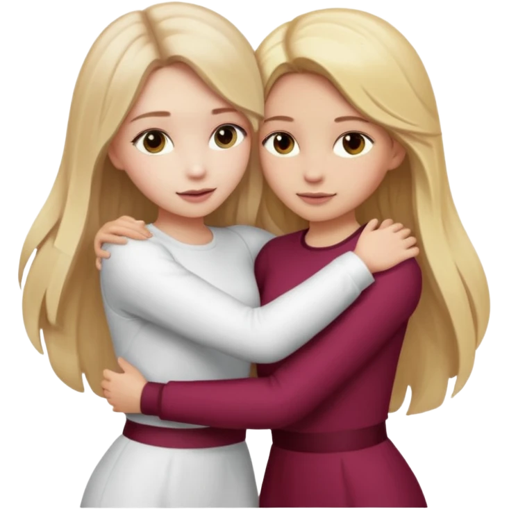 two girls who hug eachother. one has long dark blonde hair with blonde highlights and very pale skin , other has medium skintone and blush and medium blonde hair. girl with long dark blonde hair is wearing a white outfit and girl with blonde hair is wearing a burgundy outfit emoji