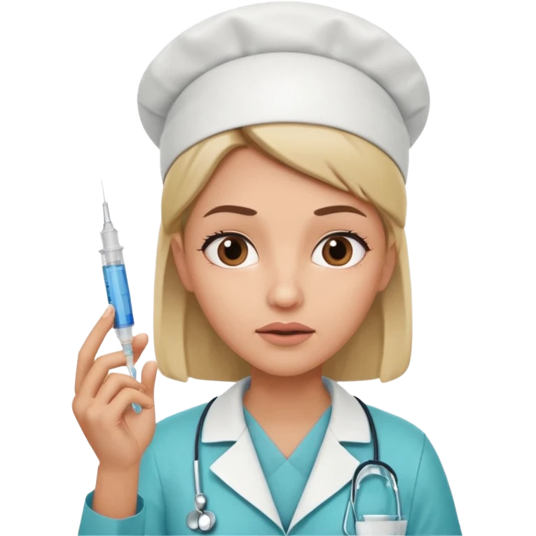 healthcare professional nurse holding a syringe in hand, doubtful expression, raised eyebrows, looking up, half-closed mouth, as if wondering something emoji