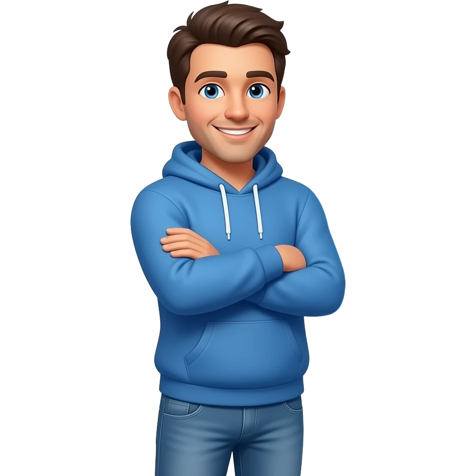 A 3D emoji-style illustration of a friendly man in casual clothes (blue hoodie and jeans), standing with arms crossed and looking directly at the viewer with a warm smile. The words: 'Answer to them,' are in bold white text, while the name 'Baly' is rendered in a vibrant, glowing sky blue color. emoji