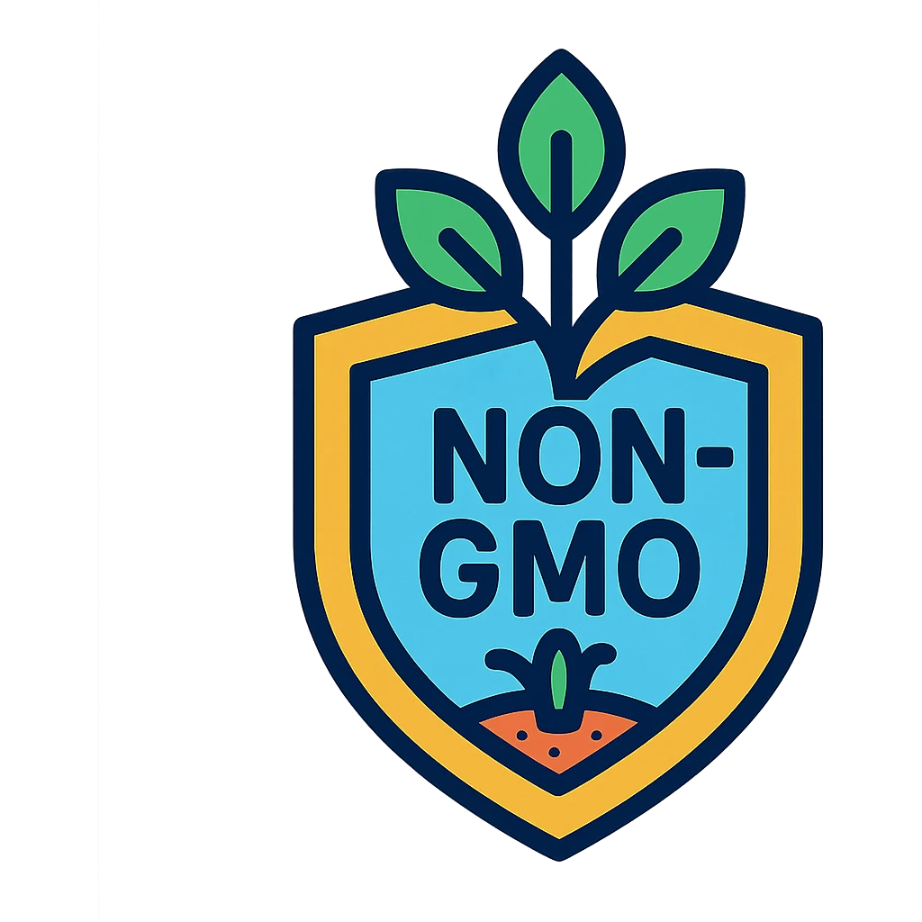 NON-GMO icon, modern and vibrant, includes a plant and a shield, colorful emoji