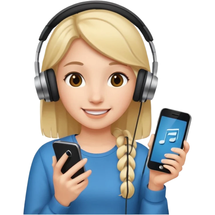 Girl listening to music with earphone and phone in hand emoji