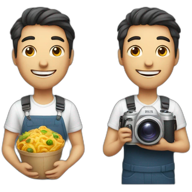 man with camera in one hand and food in other hand, happy smiling emoji