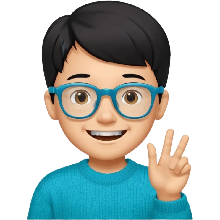 Chico de 7 años, pelo negro y repeinado, piel oscurita pero no mucho, gafas rectangulares azules, sonriente sin 1 diente, jersey verde turquesa y ojos algo rasgados emoji