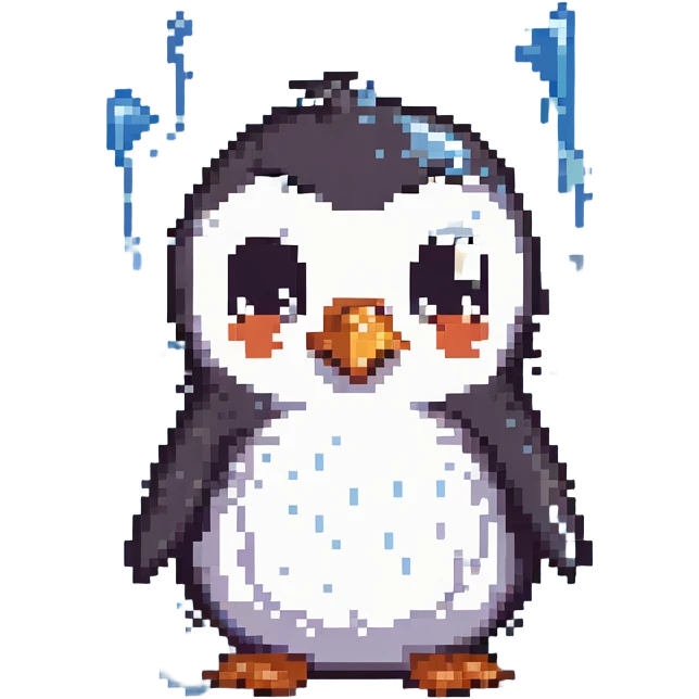 Memín Pinguín jumping and crying with big tears and a sad expression in pixel art style, transparent background. emoji