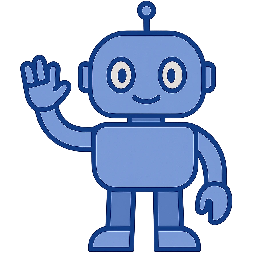 blue robot waving, friendly eyes, simple geometric shapes, modern illustration style emoji