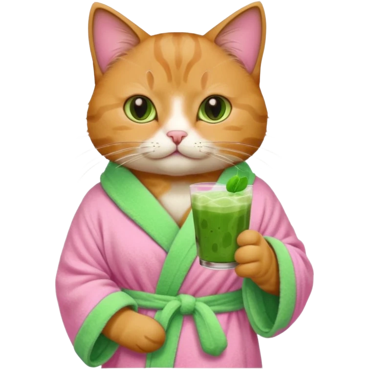 I want a CAT whit a iced macha on her paw and i want her to ne wearing a pink bath rope emoji