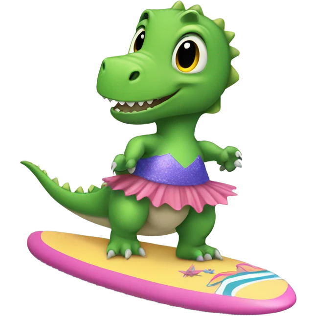 dinosaur on a surfboard wearing a tutu emoji