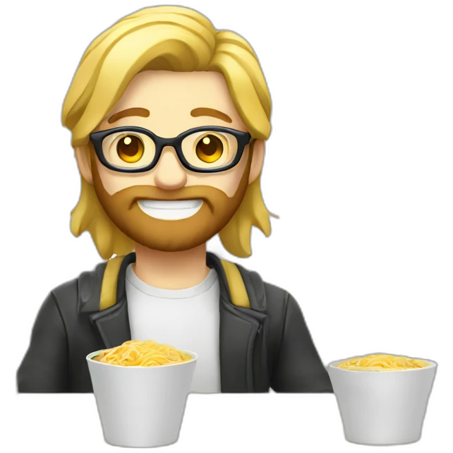 Blond Developer with glasses and beard and ramen in box emoji