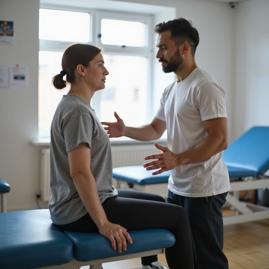 realistic image of a patient in a rehabilitation gym, therapeutic exercise interrupted due to unsuitable clinical conditions, physiotherapist advising caution, clinical details, professional environment emoji