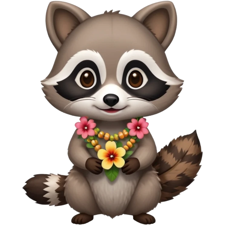 A cute chibi playful raccoon wearing a hawaiian flower necklace, looking festive. emoji