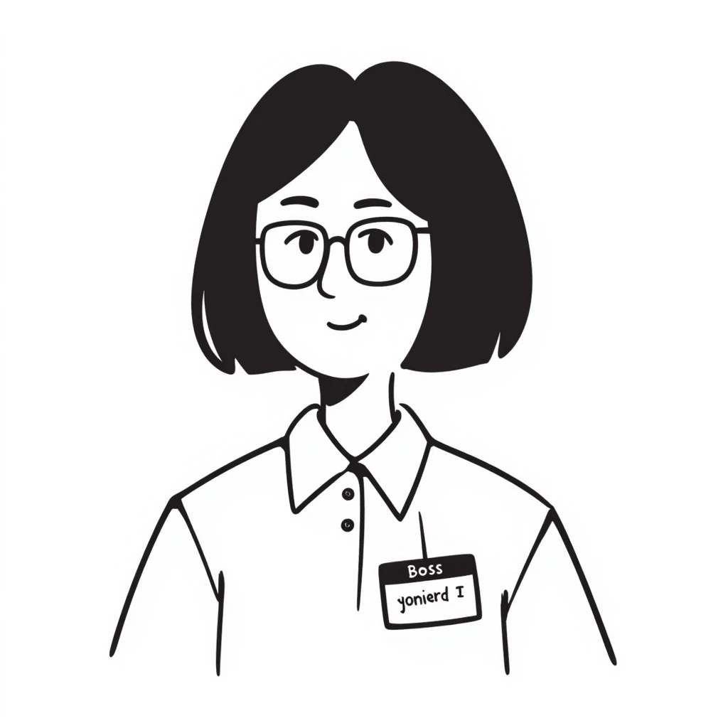 Asian girl wearing glasses, white shirt with a work tag showing her Asian young male boss's name, simple line drawing style emoji