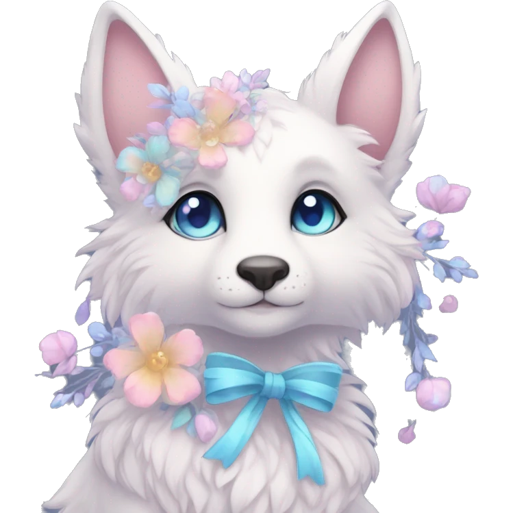 Anthro Cute Cool Pastel Kawaii gorgeous sparkly ethereal fantasy animal creature with blue eyes furry sona with flowers and ribbons beautiful aesthetic emoji