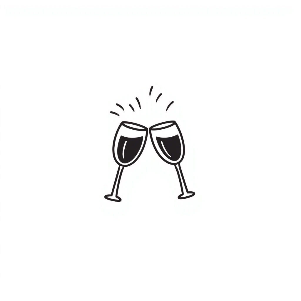 Two elegant wine glasses or champagne flutes clinking together in pastel colors (dd9fb0, ffc6d3, a3bfc9, c4bee2, f1b091), hand-drawn doodle style emoji
