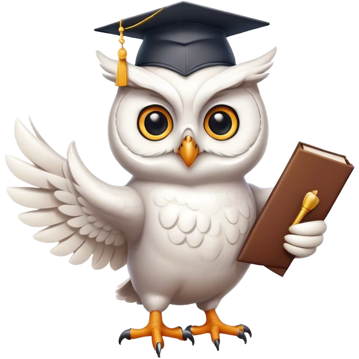happy white Owl dancing with graduation hat and diploma in claws emoji