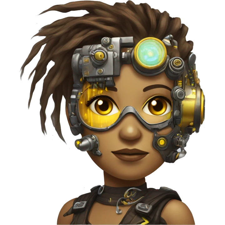 Brown with yellow streaks Mohawk hair female cyborg head, tan skin, steampunk goggles and circuits emoji