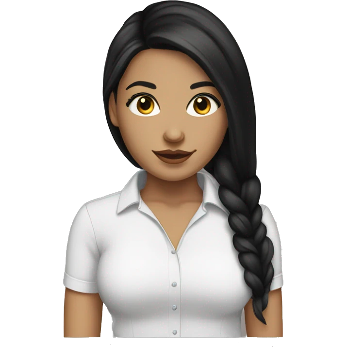 white female with long black hair, long lashes, hoop earrings, back shirt emoji