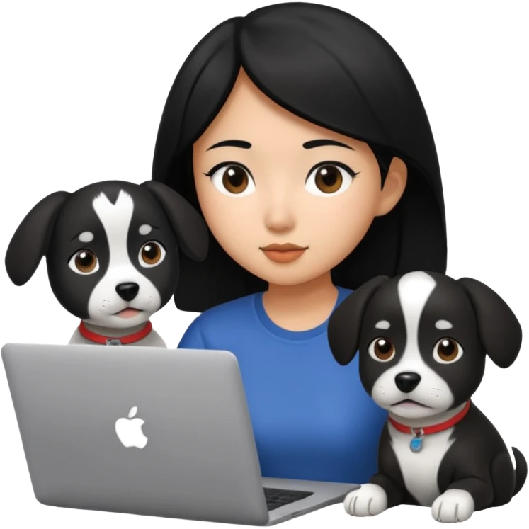 Asian girl with black hair working on an Apple laptop, next to her is a black and white dog emoji
