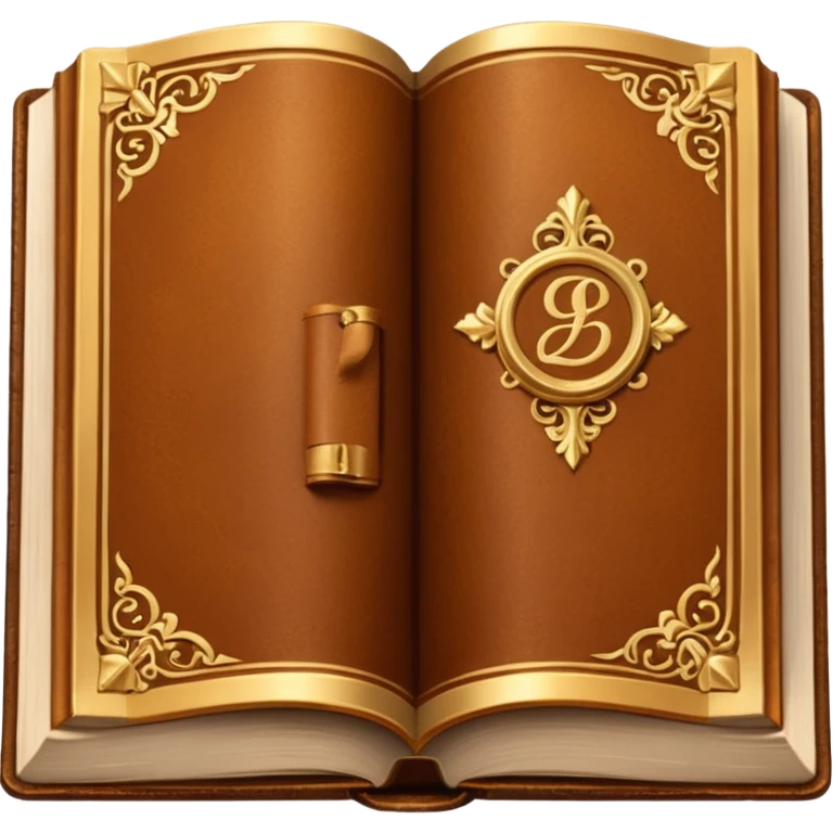 "An open antique leather-bound book with golden edges and calligraphy, detailed embossing, Victorian style, warm brown and gold palette." emoji