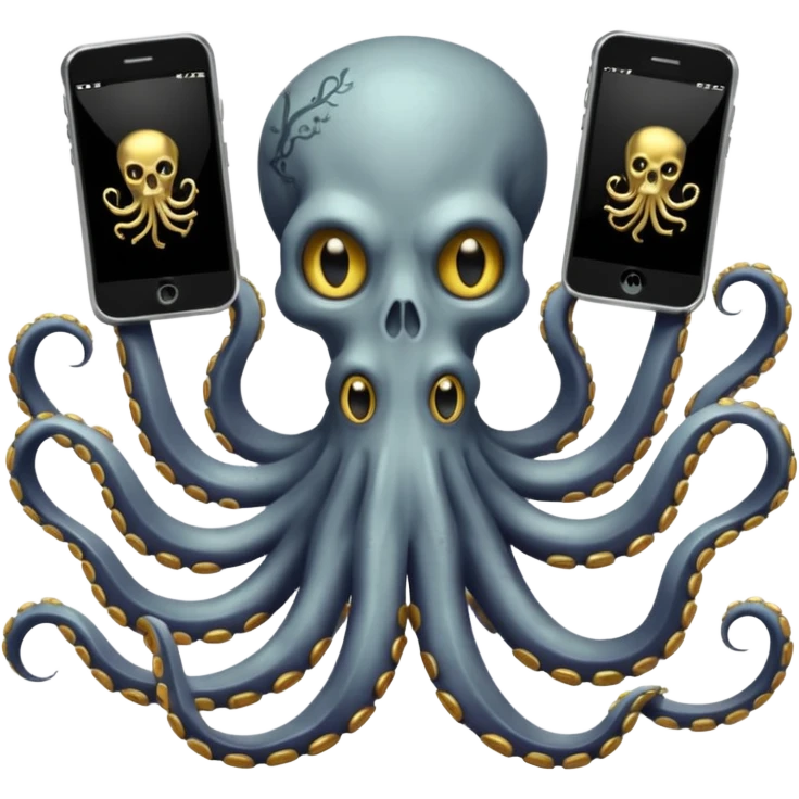 Intimidating octopus skeleton. Evil looking eyes, wearing a gold necklace. 2 tentacles are holding their own cellphones with one held up to its ear, 2 other tentacles are holding stacks of money emoji