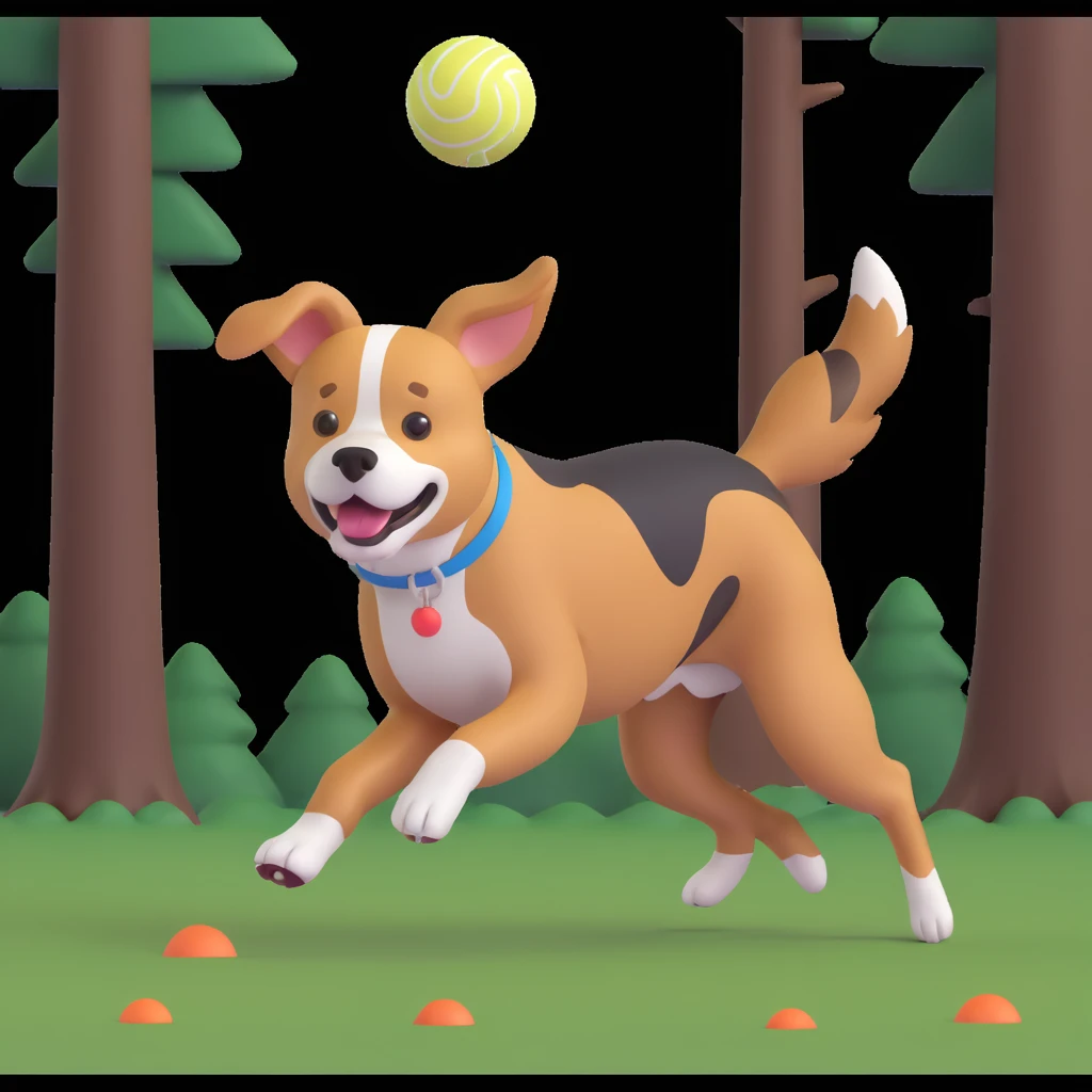 dog chasing ball in forrest, close up pose emoji