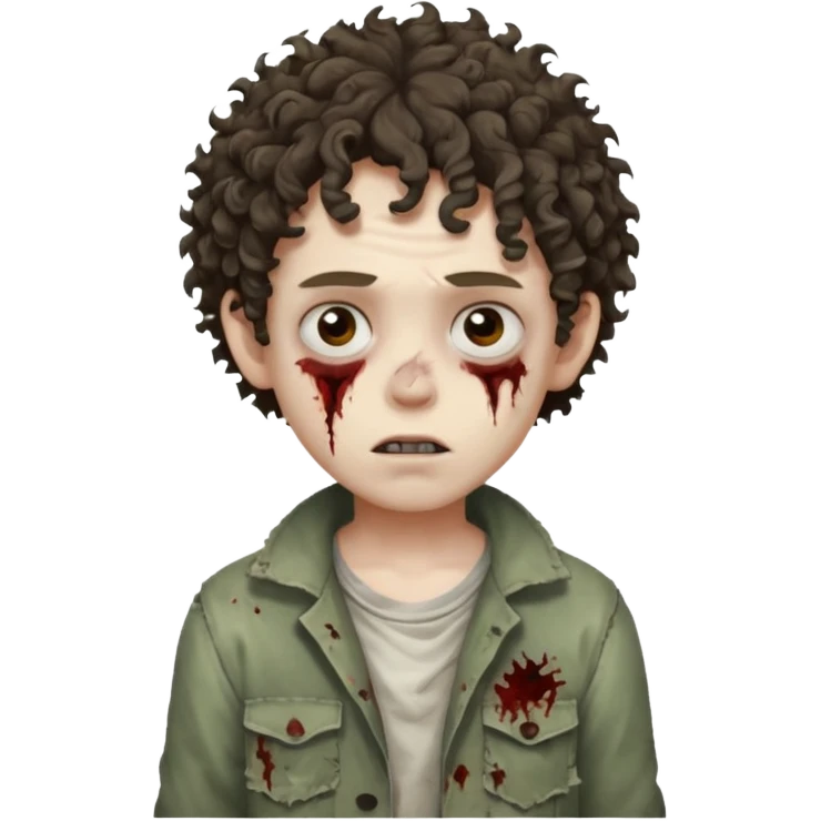 menino com cabelo cacheado e olhos marrons, com aparencia de zumbi emoji