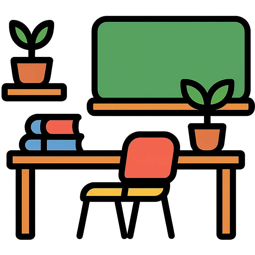 color outline icon of a cozy classroom with books and plants emoji