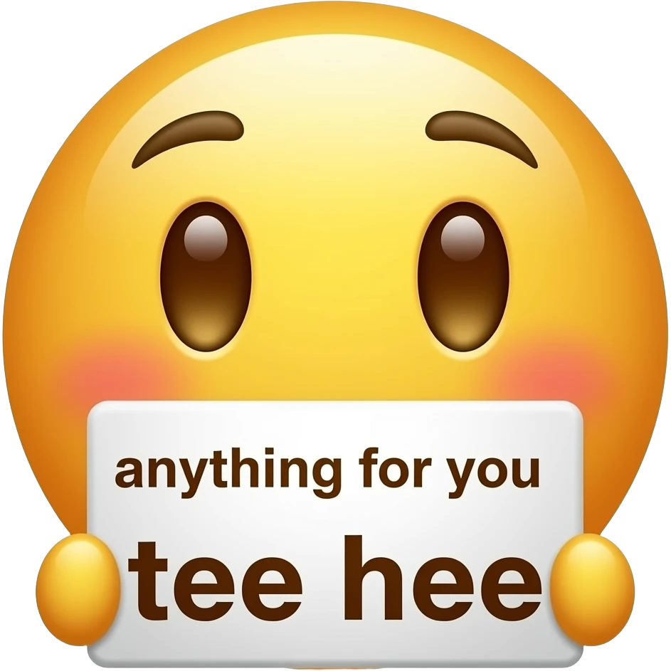 Yellow smiley blushing holding up a sign sign that says "anything for you tee hee" emoji