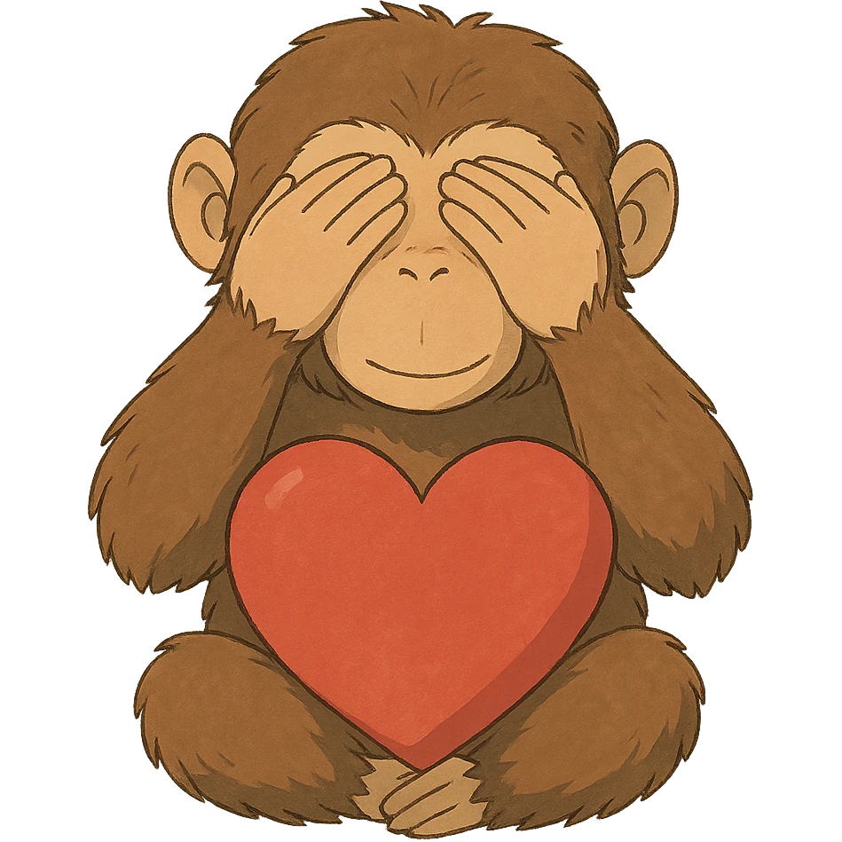 ghibli style see no evil monkey holding a heart emoji