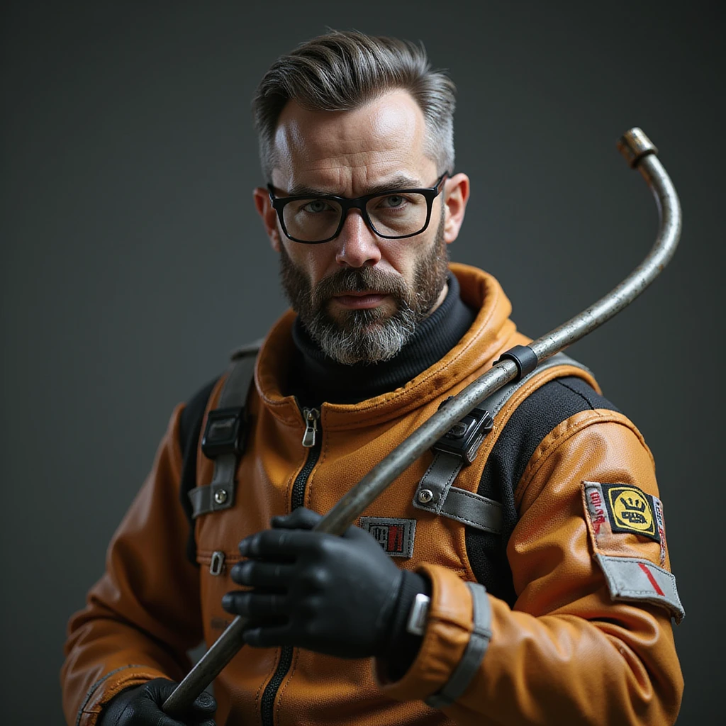 Gordon Freeman from Half-Life 2, wearing glasses, HEV suit, holding a crowbar, realistic style emoji