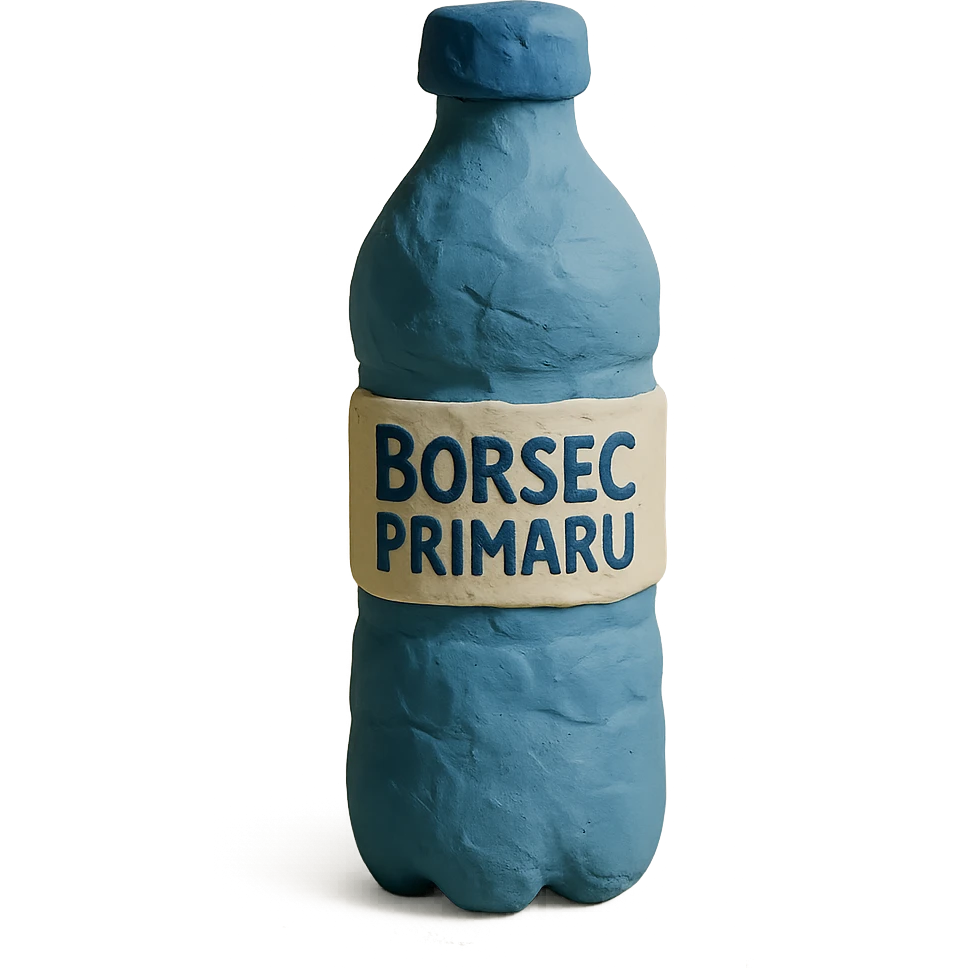 claymation style bottle of water with a label that says 'BorsecPrimaru' emoji