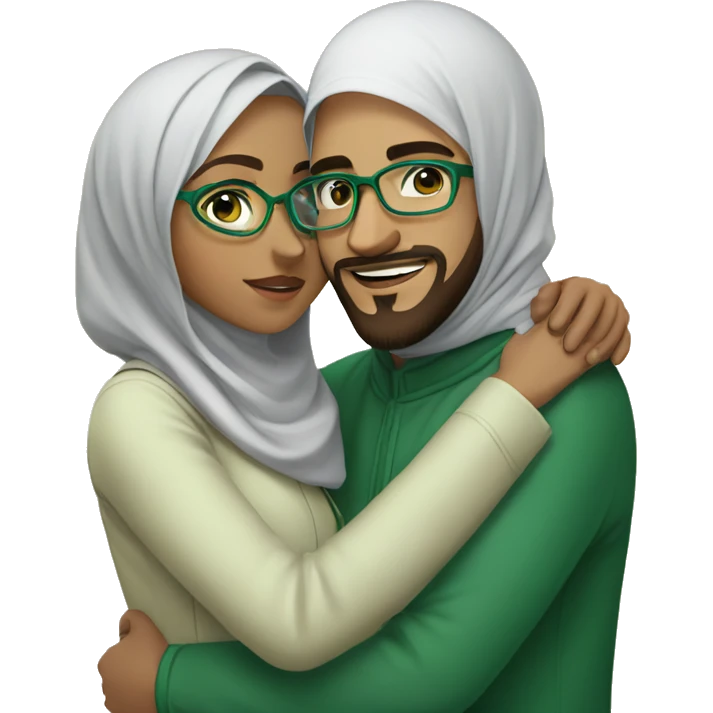 A young Muslim woman with green glasses and her young Muslim husband with glasses and a beard hug emoji