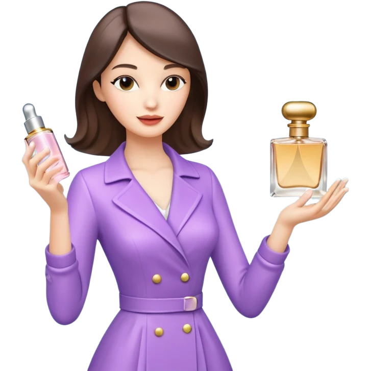 stylish woman spraying perfume, holding a perfume bottle, soft mist spray in the air, elegant pose, 3D cartoon, mobile game icon style, clean background, no text, no watermark

 emoji