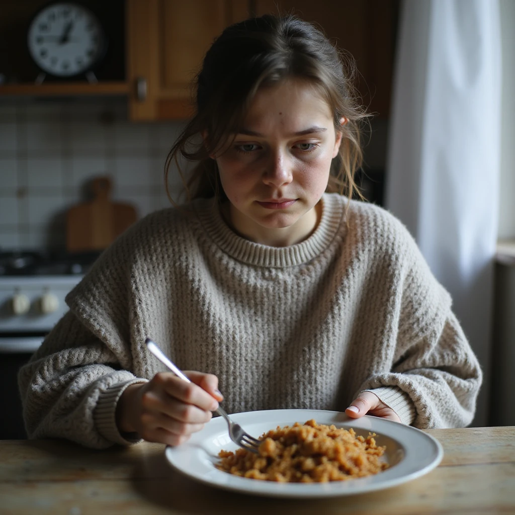 young underweight woman in oversized sweater, pushing food around plate with fork, visible dark circles under eyes, kitchen clock at 3PM, cold dinner untouched, natural light accentuating thin face and hollow cheeks, hyperrealistic 4K emoji