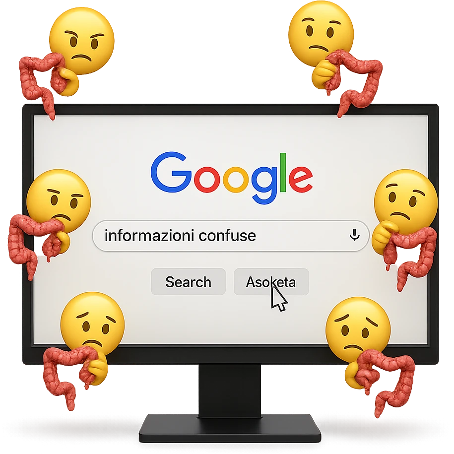 SCHERMO DI PC CON LA SCRITTA "informazioni confuse" SULLA BARRA DI RICERCA GOOGLE SULLO SCHERMO E IL CLICK DEL MOUSE SULLA SCRITTA CERCA, stile emoji iphone fluttuano in aria stringendo in mano un pezzo di colon intestinale, iperrealistico 4k emoji