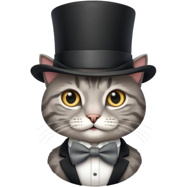Grey tabby cat in top hat and bow tie emoji