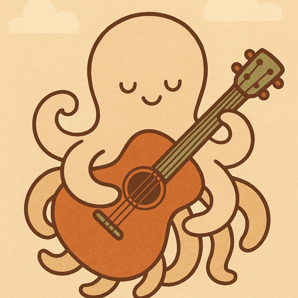 happy octopus with multiple arms playing guitar emoji