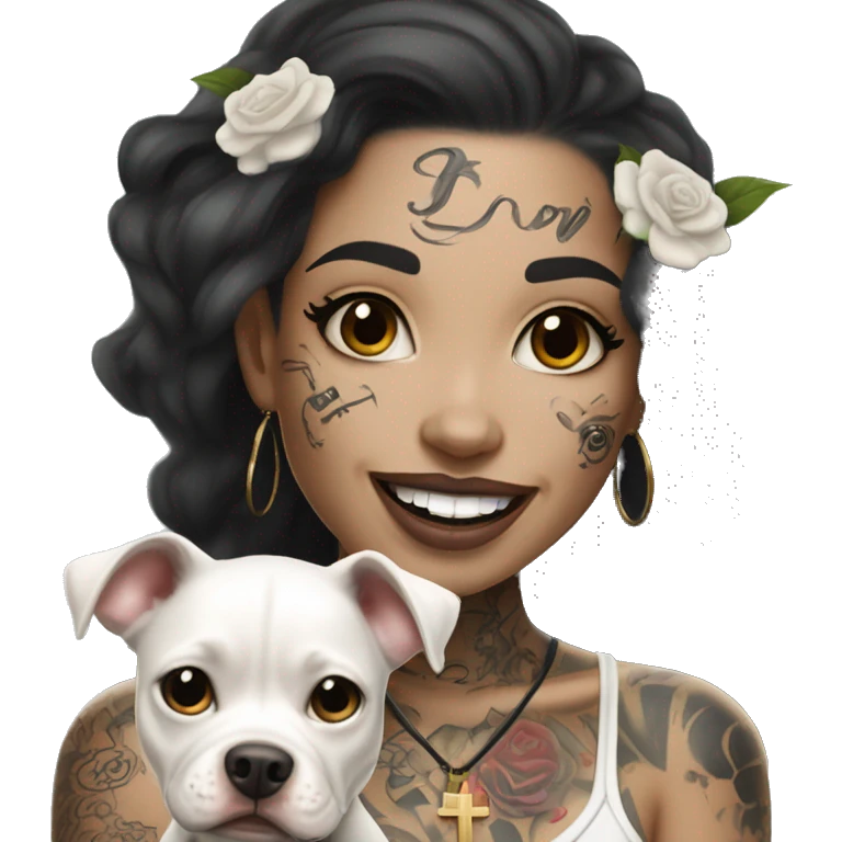light skin woman with a face tattoo of a cross and long wavy black hair expressing joy alongide a white miniature pitbull  emoji